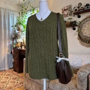 Erika & Co Mens Olive Green Marled Cable Knit V-Neck Ribbed Sweater Size M